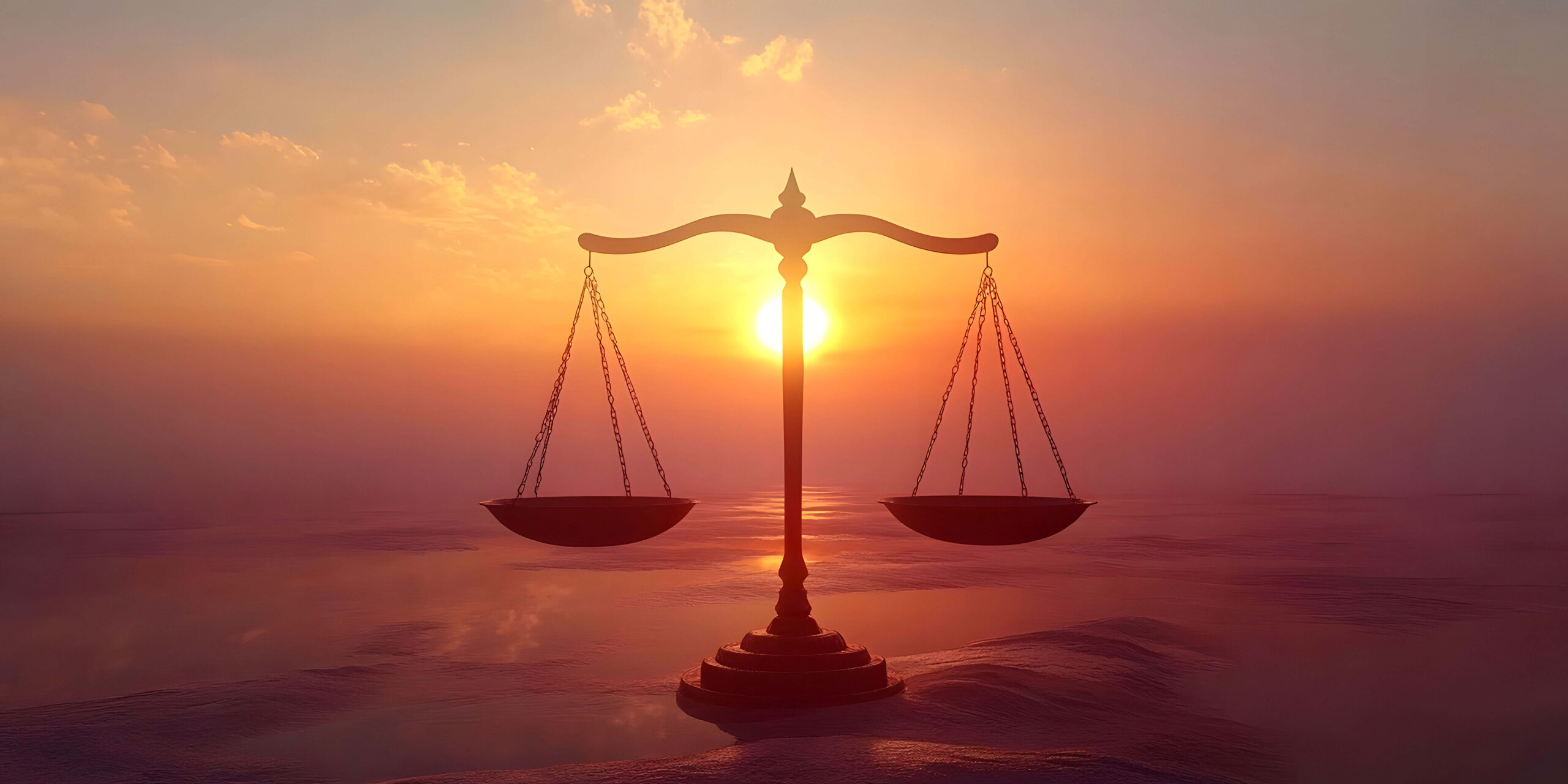 Scales of justice at sunset