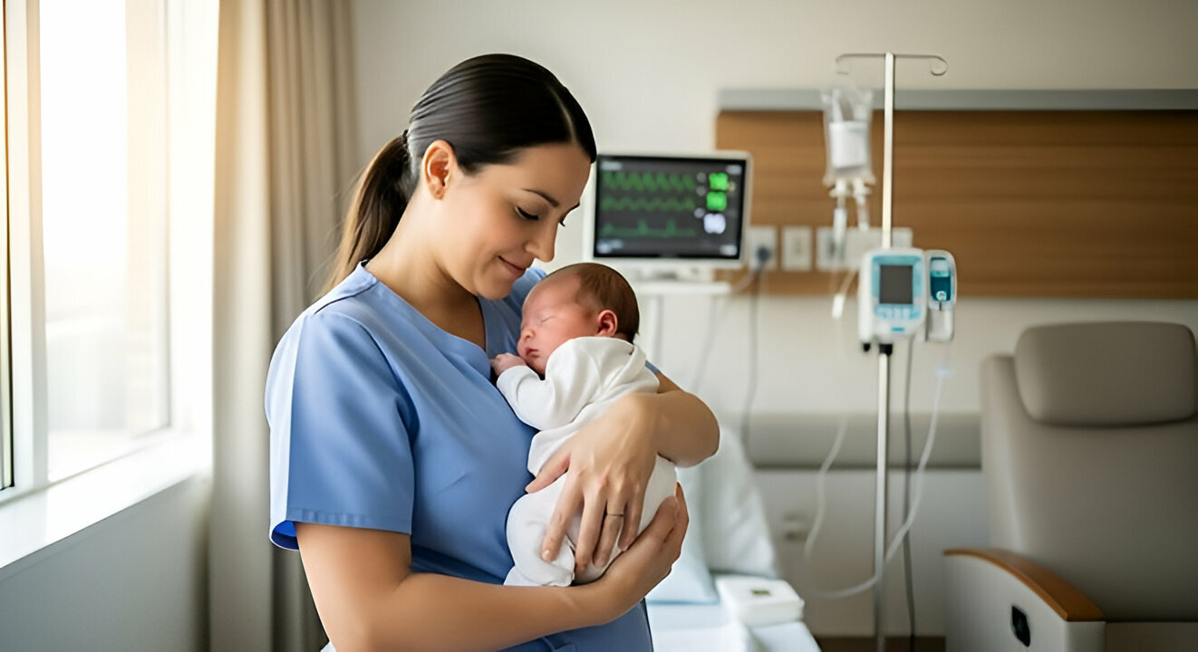 clinician with newborn